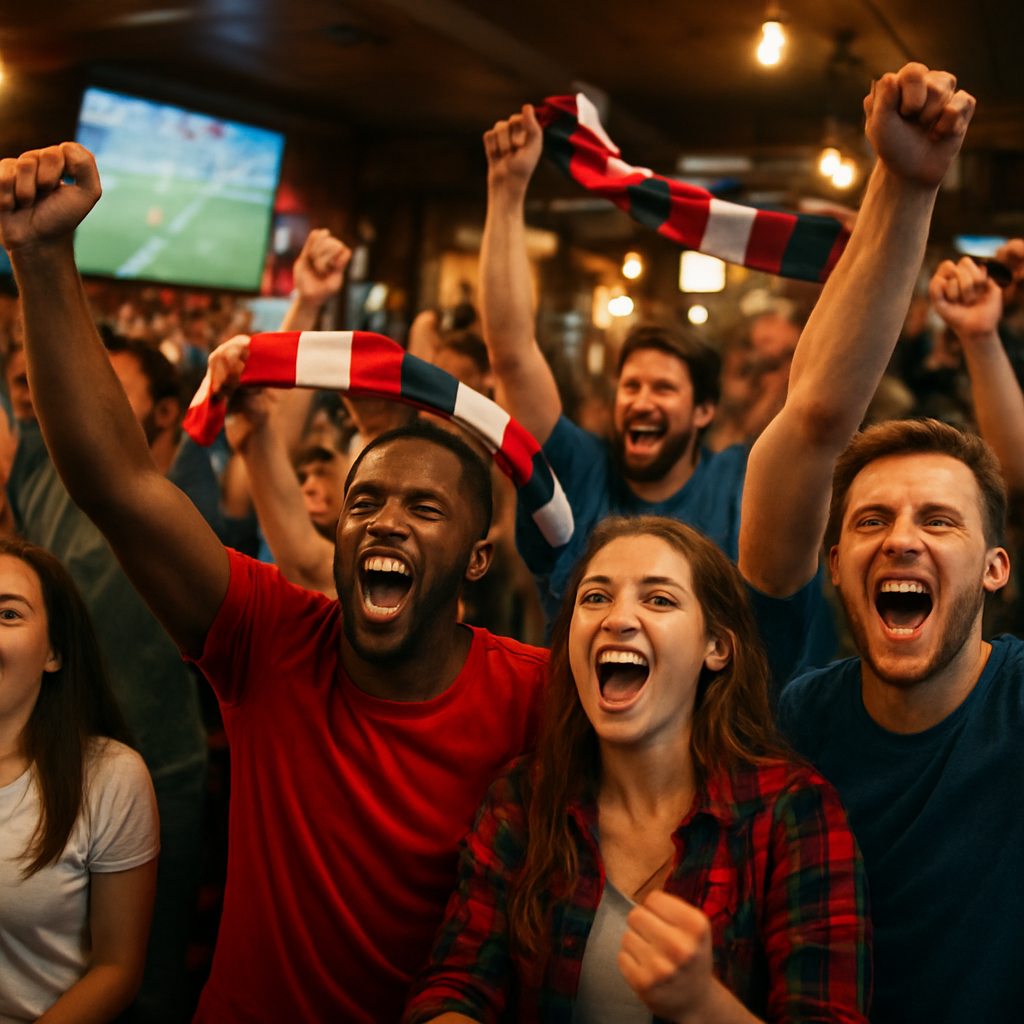 Soccer fans celebrating at a watch party